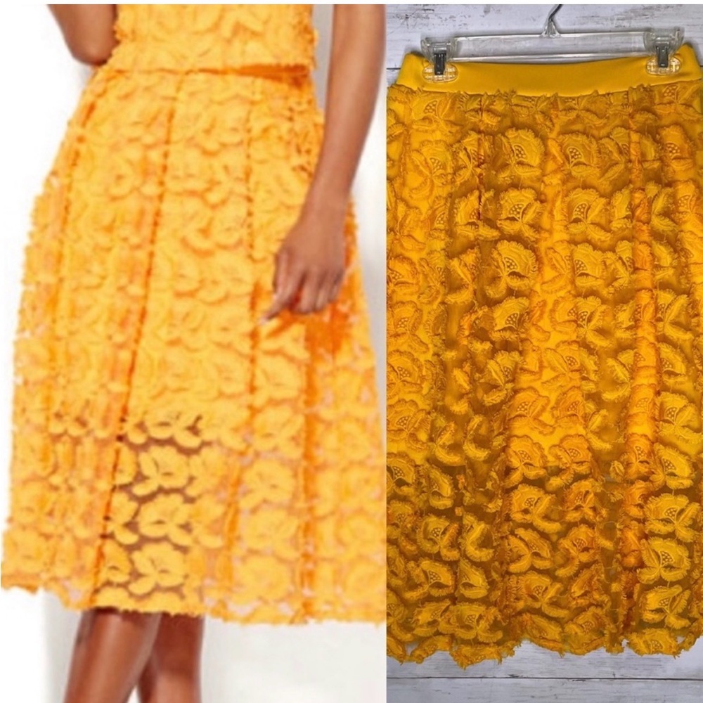 New York & Company Vibrant Yellow Lace Midi Skirt - women’s small